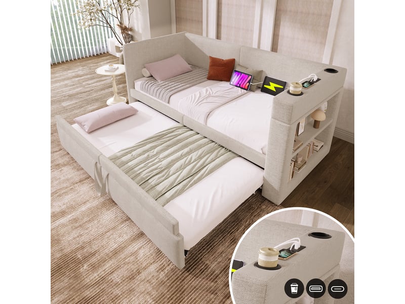 Canapé lit gigogne 90x200 cm, tissu lin coton, avec supports boissons et chargeurs - Conforama B