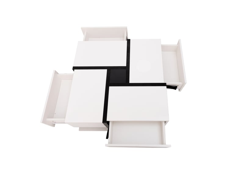  Table basse carrée avec 4 tiroirs et étagère ouverte, finition brillante, en panneaux de particules, blanc - uvrion  - Conforama A