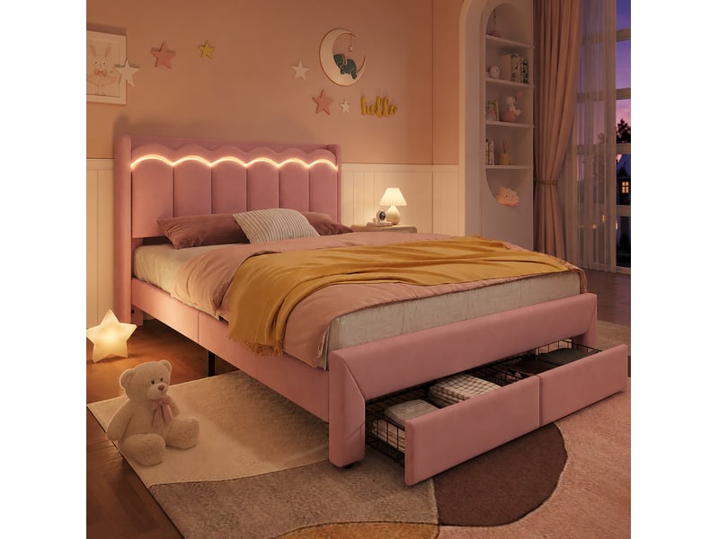  Lit enfant 140x200 cm, lit 2 places avec 2 tiroirs couleur rose, led, mdf et métal, sans matelas, moderne  - Conforama E