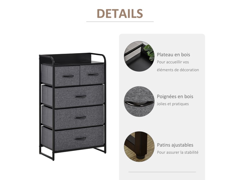  Commode meuble de rangement 5 tiroirs pliables en tissu 58 x 29 x 99 cm gris  - Conforama R