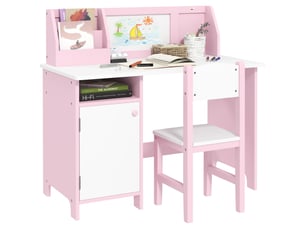 Ensemble table et chaise en bois pour enfants de 5 ans et plus, comprenant un bureau et une chaise d'écolier, coloris blanc et rose.