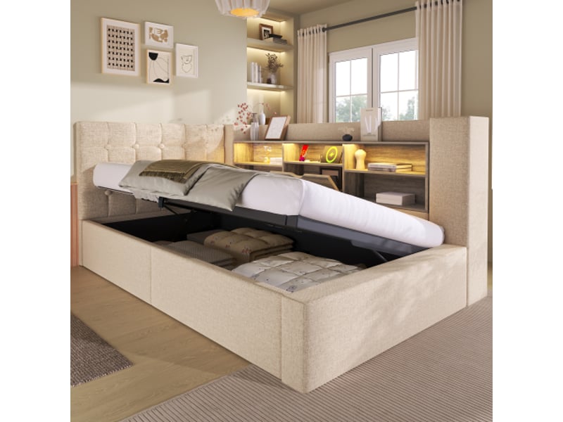 Lit capitonné beige 90x190 cm, led, rangement hydraulique, tête de lit en l avec rangements, réversible, sans matelas - Conforama B