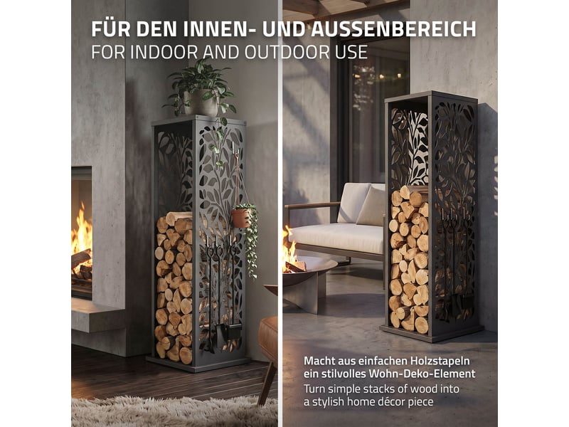  Ml-design range-bûches vertical en acier galvanisé 37,5 x 37,5 x 112 cm, intérieur et extérieur, motif de feuilles, support colonne rangement bois de chauffage cheminée, 4 crochets, anthracite mat ECD Germany GmbH - Conforama D