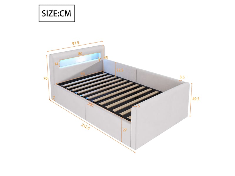  Lit enfant coffre 90 x 200 cm avec led, veilleuse, usb et rangement hydraulique, velours beige Fay Lum - Conforama C
