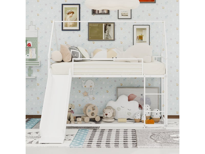  Lit superposé maison 90×190 cm, avec toboggan intégré, escalier d’accès au couchage, pour une chambre enfant  - Conforama B