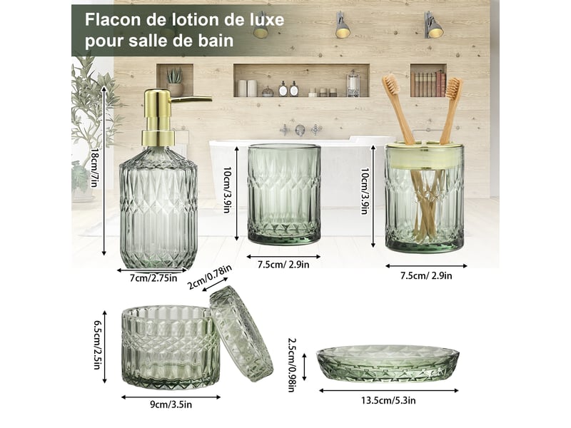  Set salle de bain 5 pièces en verre vert taillé diamant, style rétro, distributeur de savon et porte-brosse à dents  - Conforama C