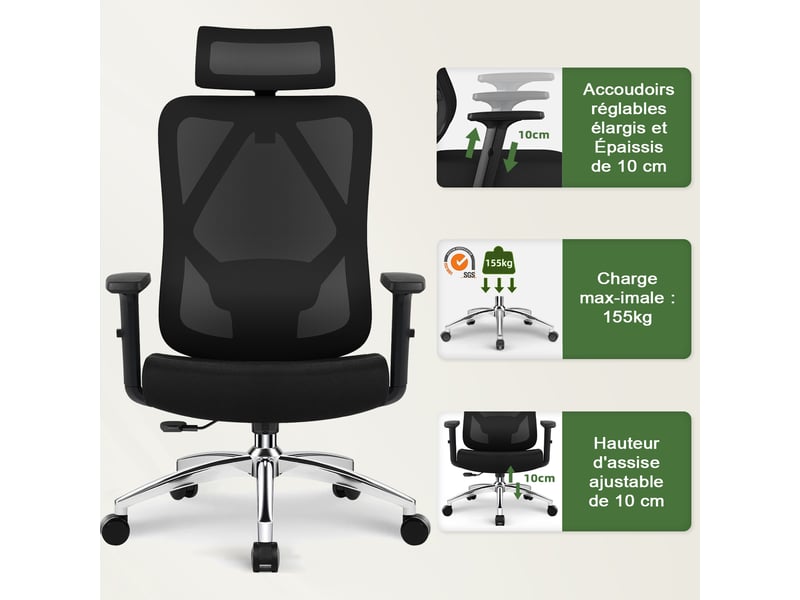  Fauteuil de bureau, fauteuil de bureau ergonomique, fauteuil de bureau avec soutien lombaire en mousse à mémoire de forme 3d  - Conforama W