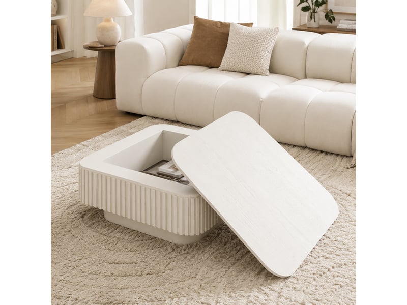  Table basse carrée avec coffre et décor cannelé crème 75 × 75 × 35 cm IKSETERA TRADING LTD - Conforama B