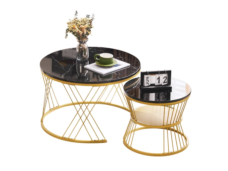  Tables basses gigognes rondes 70x45+45x40 cm, gain de place, table de salon, pour canapé et chambre, métal et mdf, noir  - Conforama A