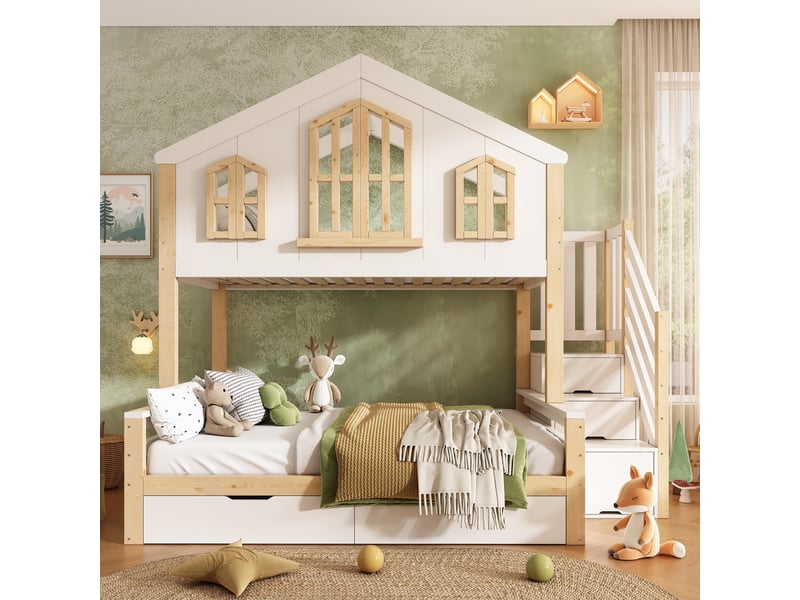 Lit superposé cabane 90x200+140x200 cm avec toit à pignon, escalier armoire, sommier à lattes, cadre en bois - blanc et naturel (sans matelas) - Conforama B