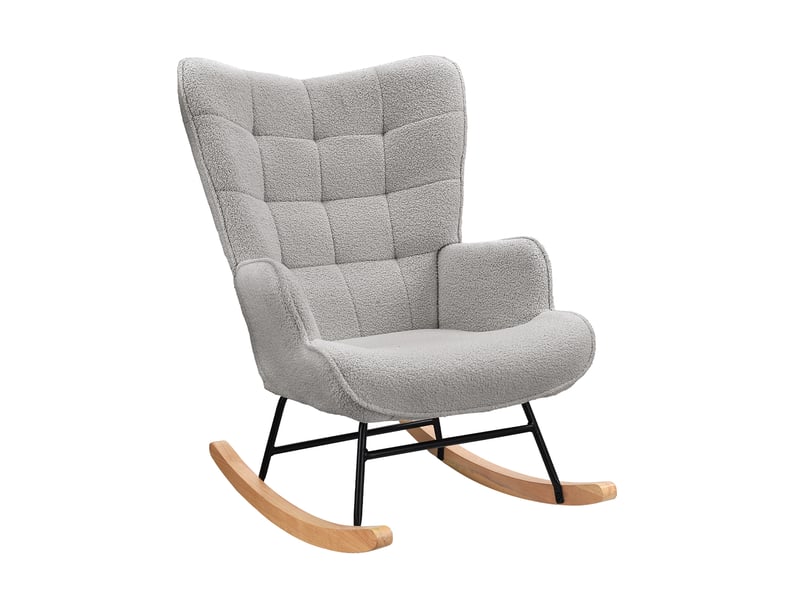 Fauteuil à bascule 60x75x92 cm avec dossier à carreaux, chaise de détente pour salon, chambre et bureau, tissu bouclé gris clair - Conforama A