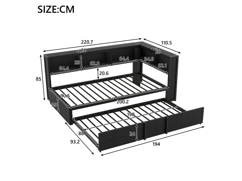  Modenvie lit banquette gigogne 90x200 cm - avec rangements, led et ports usb - pour petit espace - noir  - Conforama C