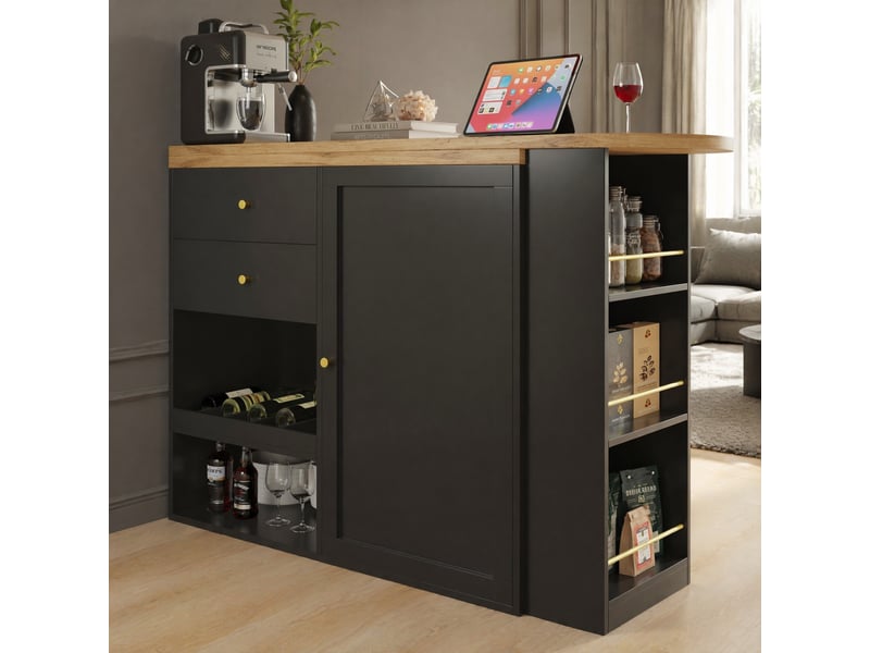  Bar pivotant 105x39x102 cm avec 2 tiroirs et rangement ouvert, mdf, noir  - Conforama B