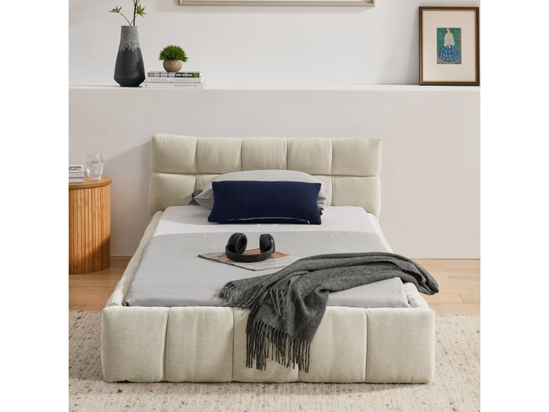  Lit simple enfant 90x200 cm – beige – cadre rembourré en chenille, sommier à lattes, sans matelas  - Conforama B