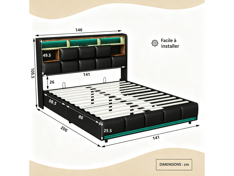  Lit double 140x190 cm design moderne en pu noir - tête de lit multifonction avec rangement, ports usb, led 20 couleurs, sommier à lattes, coffre hydraulique  - Conforama R