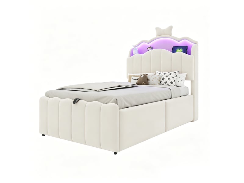  Lit coffre 90x200 cm - lit enfant 90x200 - lit simple en velours avec led rgb, prises usbtype-c &amp; tête rabattable - blanc  - Conforama A