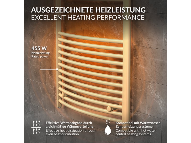  Luxebath sèche-serviettes design sahara 500 x 1200 mm, raccordement latéral, courbé, haute conductivité thermique, radiateur mural porte-serviettes pour salle de bain, puissance 455 w, beige mat ECD Germany GmbH - Conforama D
