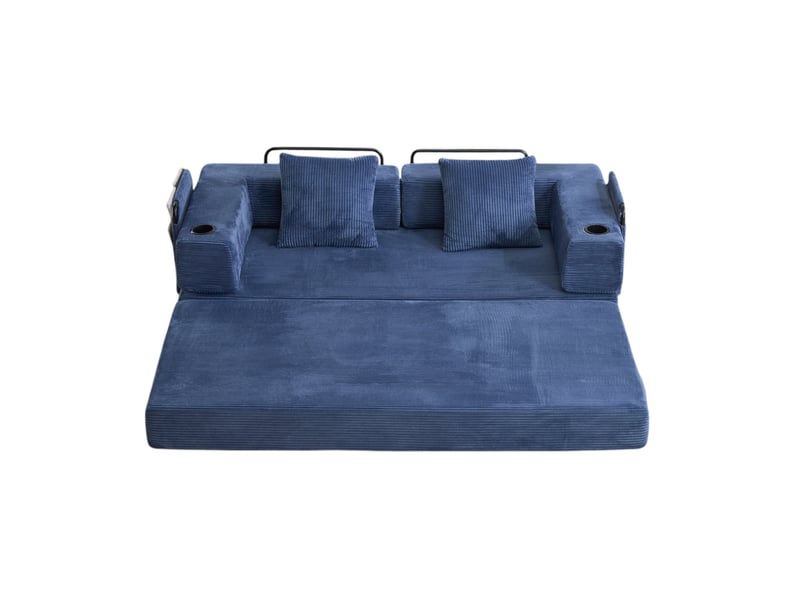  Canapé convertible au sol avec accoudoirs pliables, porte-gobelets et poches latérales en velours côtelé bleu foncé  - Conforama A