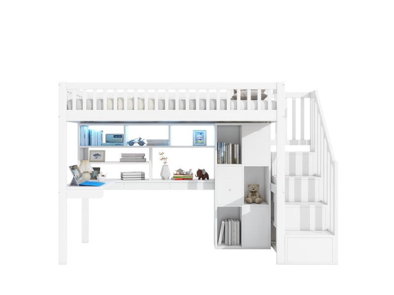 Lit mezzanine blanc 90×200 cm en pin, avec bureau, escalier de rangement, éclairage led et étagères ouvertes - Conforama A