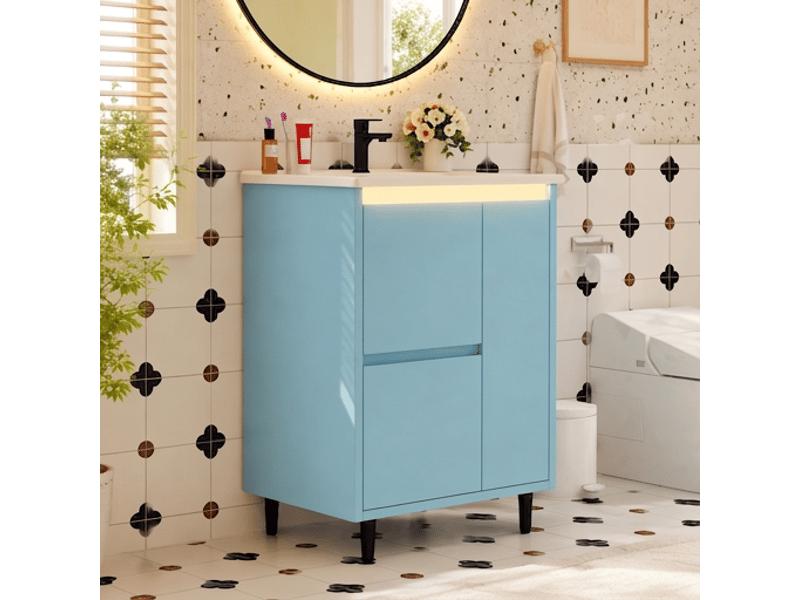 Meuble salle de bain bleu 61 cm avec vasque en céramique intégrée sur pied - Conforama C
