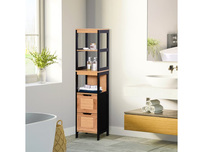  Colonne de salle de bain avec 2 tiroirs et 3 compartiments ouverts, en mdf et bambou, 30 x 30 x 144,3 cm  - Conforama D