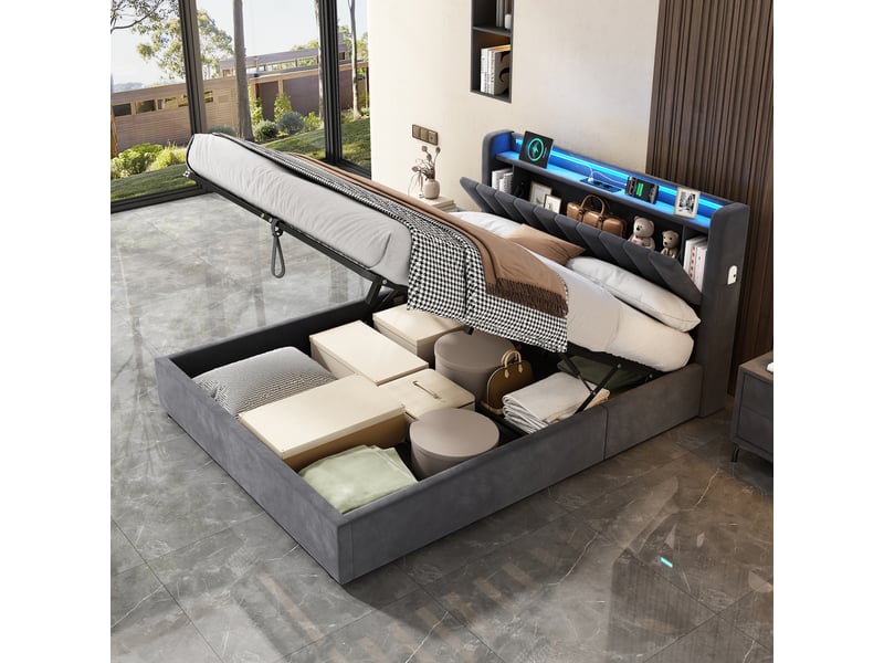  Lit coffre 2 places 140 x 190 cm cm avec led et usb, velours, gris foncé  - Conforama B