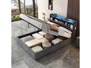Lit coffre 2 places 140 x 190 cm cm avec led et usb, velours, gris foncé
