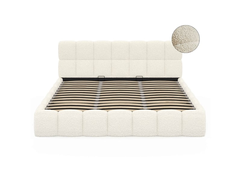 Lit coffre double nuage avec tête de lit matelassée et sommier 180 x 200 cm bouclette blanc  - Conforama C