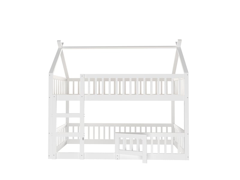 Lit superposé 90x200cm, lit enfant, lit cabane avec escalier, barrières et 1 sommier, bois+mdf, blanc, sans matelas - Conforama E