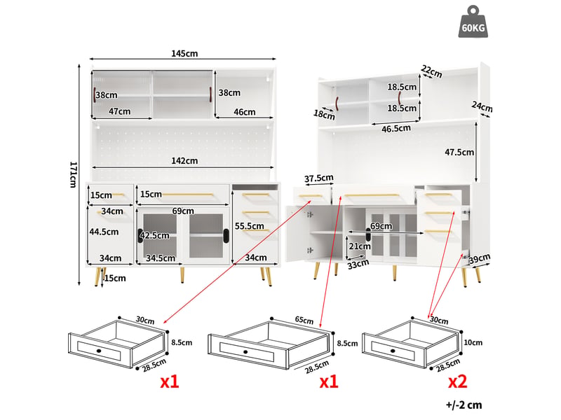  Buffet haut modenvie avec éclairage led et panneau perforé 145 x 39 x 171 cm blanc  - Conforama C