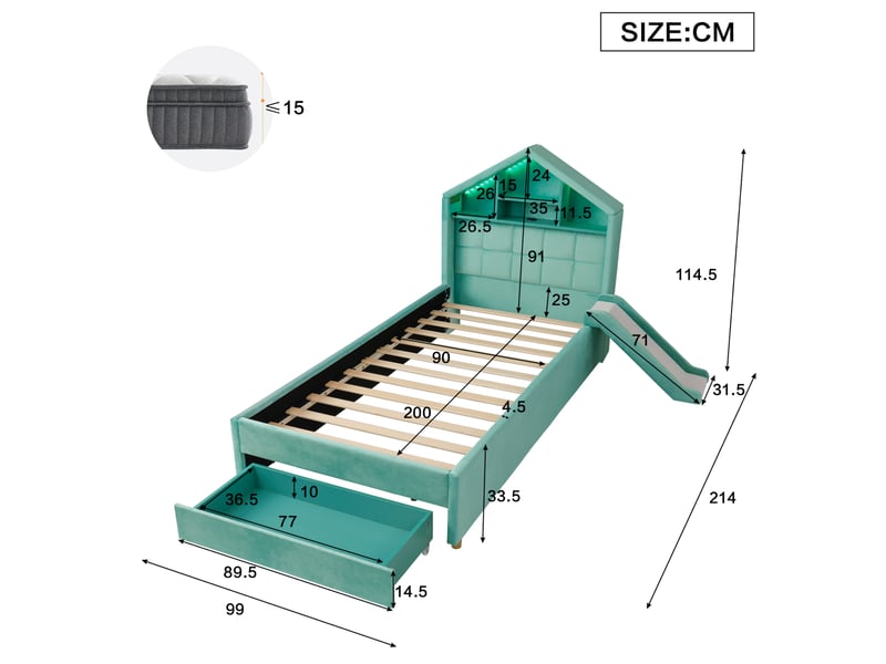Lit enfant rembourré modenvie 90 x 200 cm bleu-vert avec toboggan modulable led et rangement - Conforama C