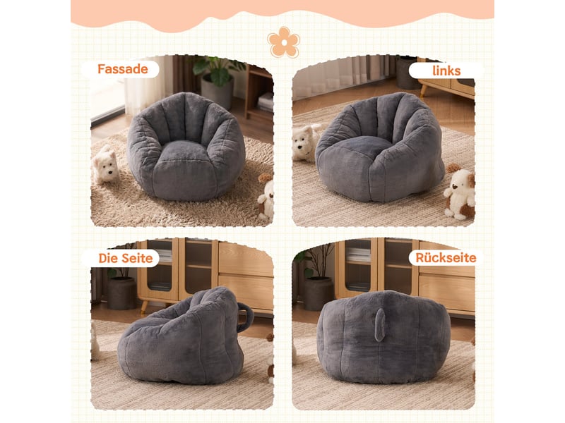  Pouf poire petit format enfant 75 x 70 x 52 cm gris clair, fausse fourrure douce, fauteuil lounge sans montage  - Conforama E