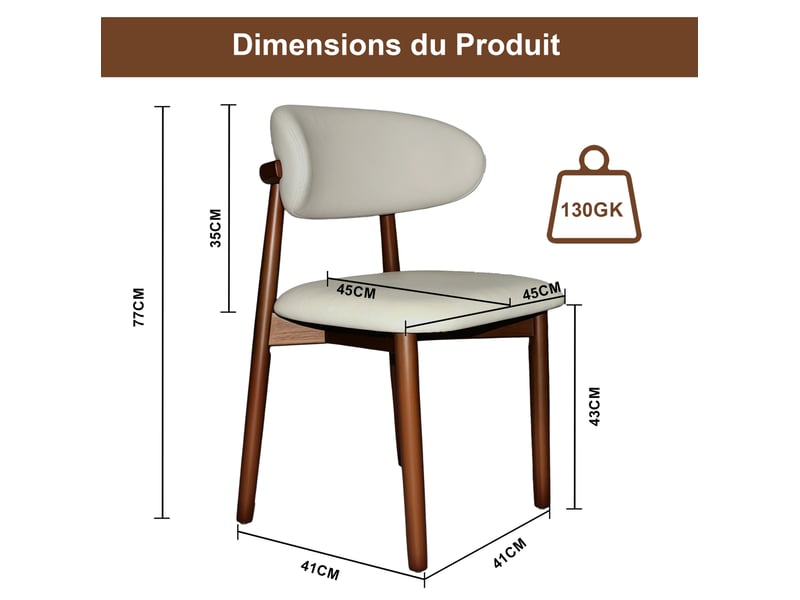  Lot de 2 chaises de salle à manger avec dossier incurvé et assise rembourrée, bois de chêne finition noyer, blanc  - Conforama C