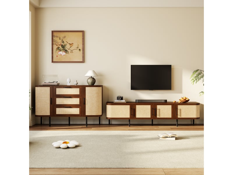  Ensemble meuble tv 180 cm et buffet 120 cm en mdf noyer avec façades tressées  - Conforama B