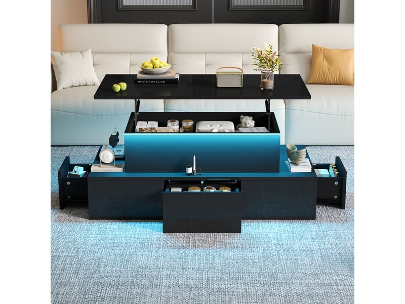  Table basse - avec rangement - avec tiroirs - avec éclairage led - avec port usb - panneau de fibres de densité moyenne - chêne anciennoir 100x50x40cm - Conforama E
