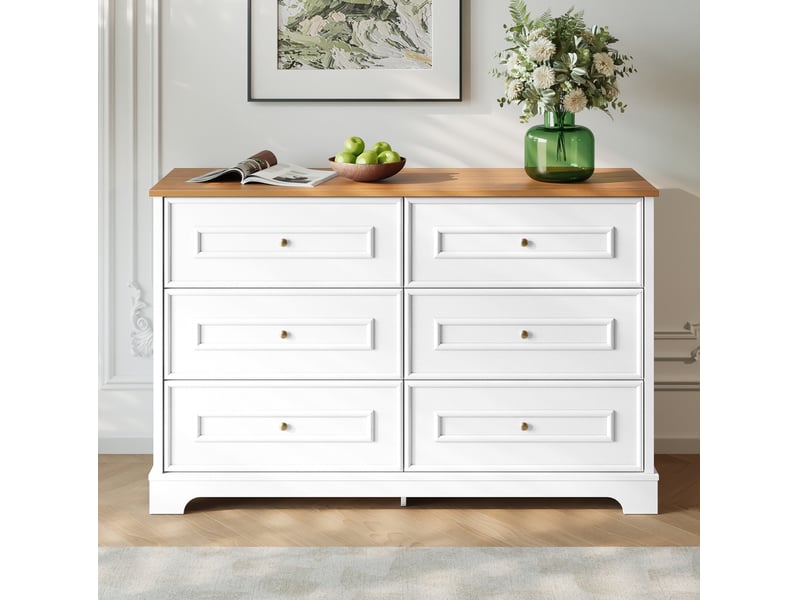  Commode 120x40x76 cm avec 6 tiroirs, style campagne rétro, buffet, mdf+aggloméré, pour salon, blanc+naturel  - Conforama D