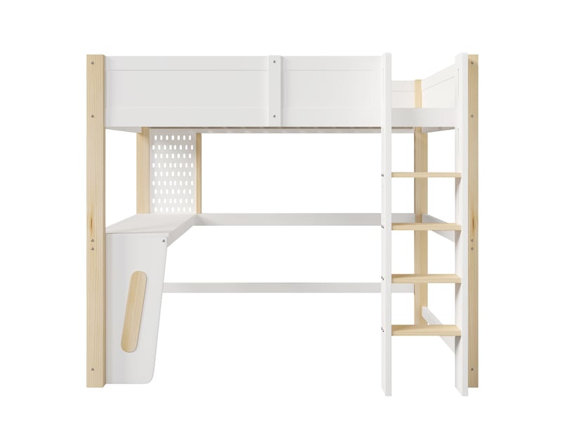  Lit mezzanine, 140 x 200 cm, en pin, avec table, panneau perforé et éclairage led, sans matelas, coloris naturel et blanc.  - Conforama D