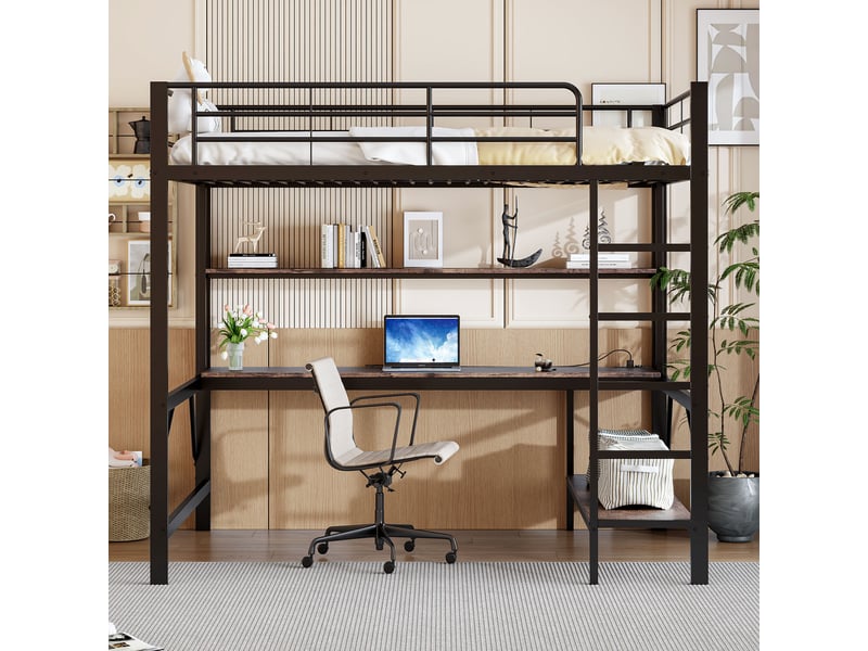 Lit mezzanine noir 140x200 cm avec bureau, led, usb, prise et étagères - Conforama B