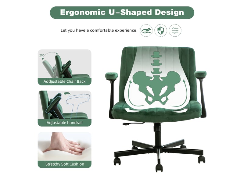  Chaise de bureau pivotante réglable avec accoudoirs rabattables et roulettes silencieuses en tissu vert  - Conforama C