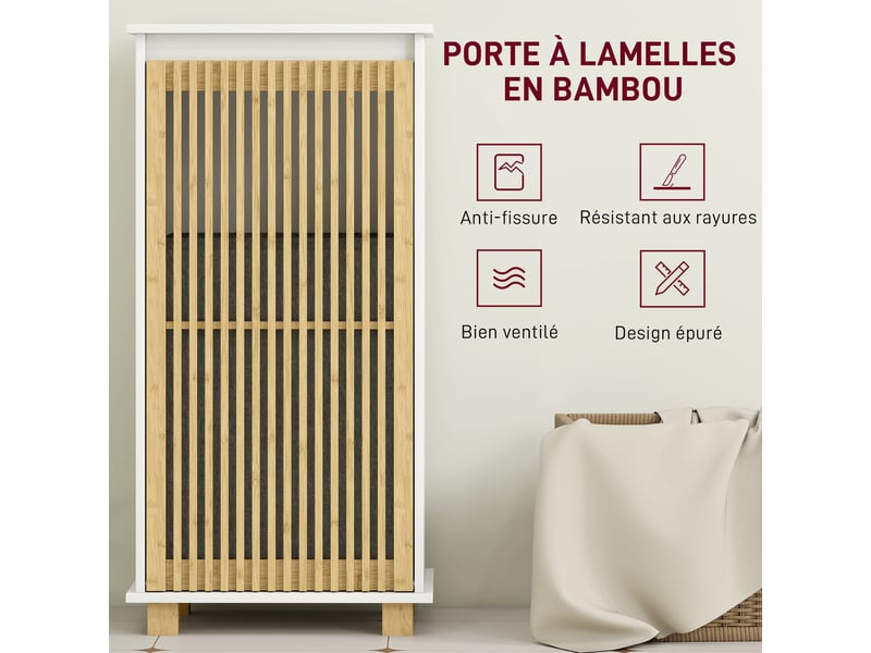  Meuble salle de bain avec panier à linge, blanc et effet bois naturel, porte à lattes en bambou et sac amovible  - Conforama R