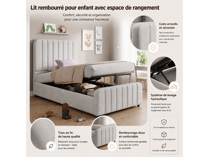  Lit rangement 90 x 200 cm fonction hydraulique tête de lit rembourrée grand rangement revêtement lin coloris gris lit rembourré tête de lit intégrée  - Conforama E