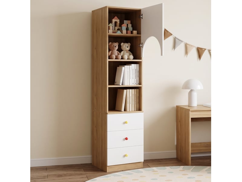  Bibliothèque haute 50x50x200 cm 3 tiroirs 3 niches porte cintrée, poignées en céramique, mdf blanc et aspect bois  - Conforama D