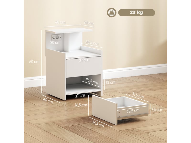  Table de chevet avec station de charge, ports usb, tiroir et étagères, table de nuit 40 x 40 x 60 cm blanche  - Conforama E