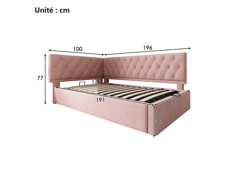  Lit coffre enfant 90x190 cm - lit simple avec rangements, cadre rembourré en velours, sans matelas - rose  - Conforama C