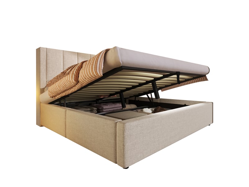  Lit coffre 140x190 cm en lin beige avec station de charge et sommier à lattes  - Conforama A