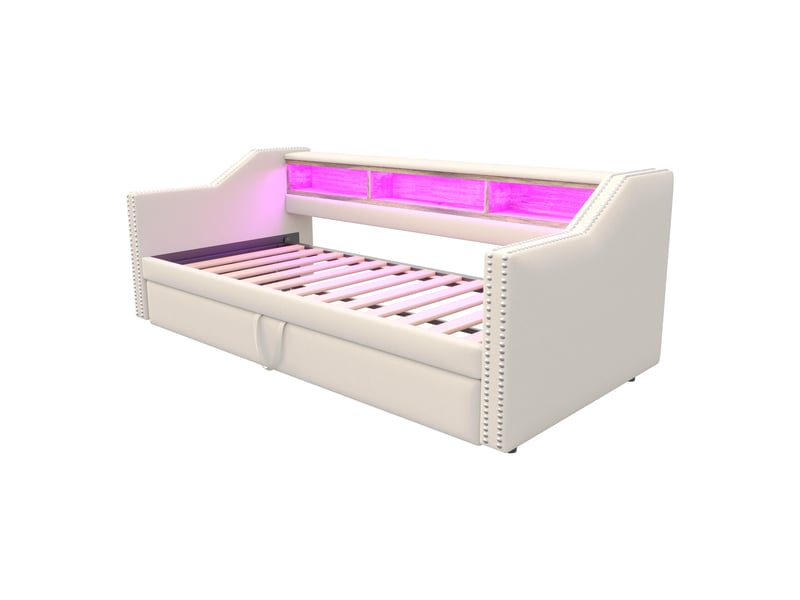 Lit gigogne beige 90x180 cm avec led et usb, sommier et coffre – rangement pratique  - Conforama A