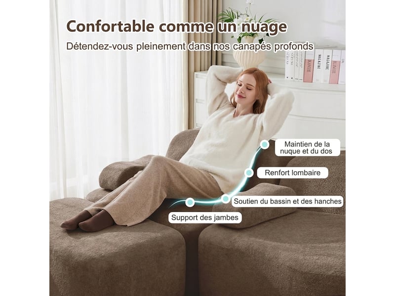 Canapé d'angle modulable 3 places en velours marron - assise profonde 288 cm avec ottoman - Conforama R