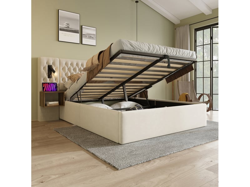  Lit coffre 180x200 cm avec 2 chevets, liseuses usb-c, beige en velours  - Conforama E
