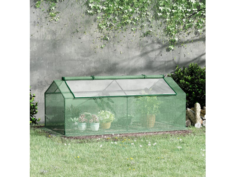  Mini-serre tunnel compacte 180 x 90 x 70 cm en métal et pe vert, 2 fenêtres zippées, pour balcon ou terrasse  - Conforama B