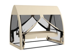 Banc de jardin 240 x 140 x 197 cm fonction 2 en 1 fonction lit 3 places baldaquin filet anti-moustiques charge jusqu'à 300 kg couleur café